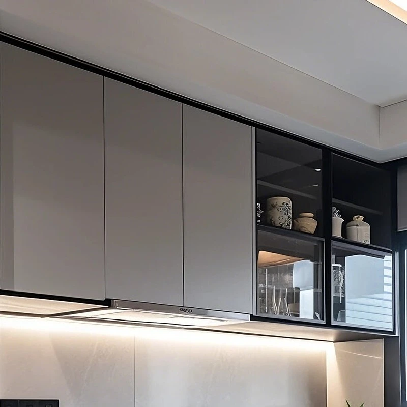 Light gray handleless kitchen cabinets (2)