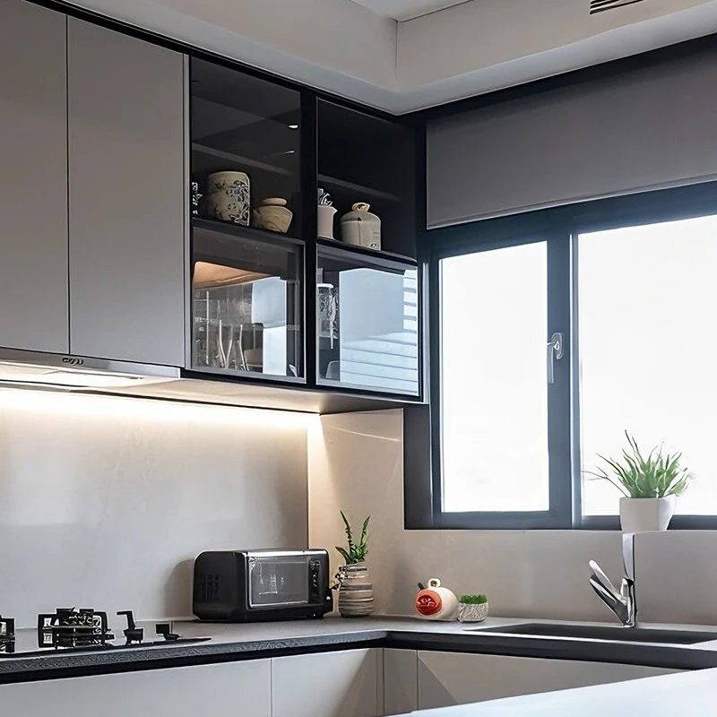 Light gray handleless kitchen cabinets (5)