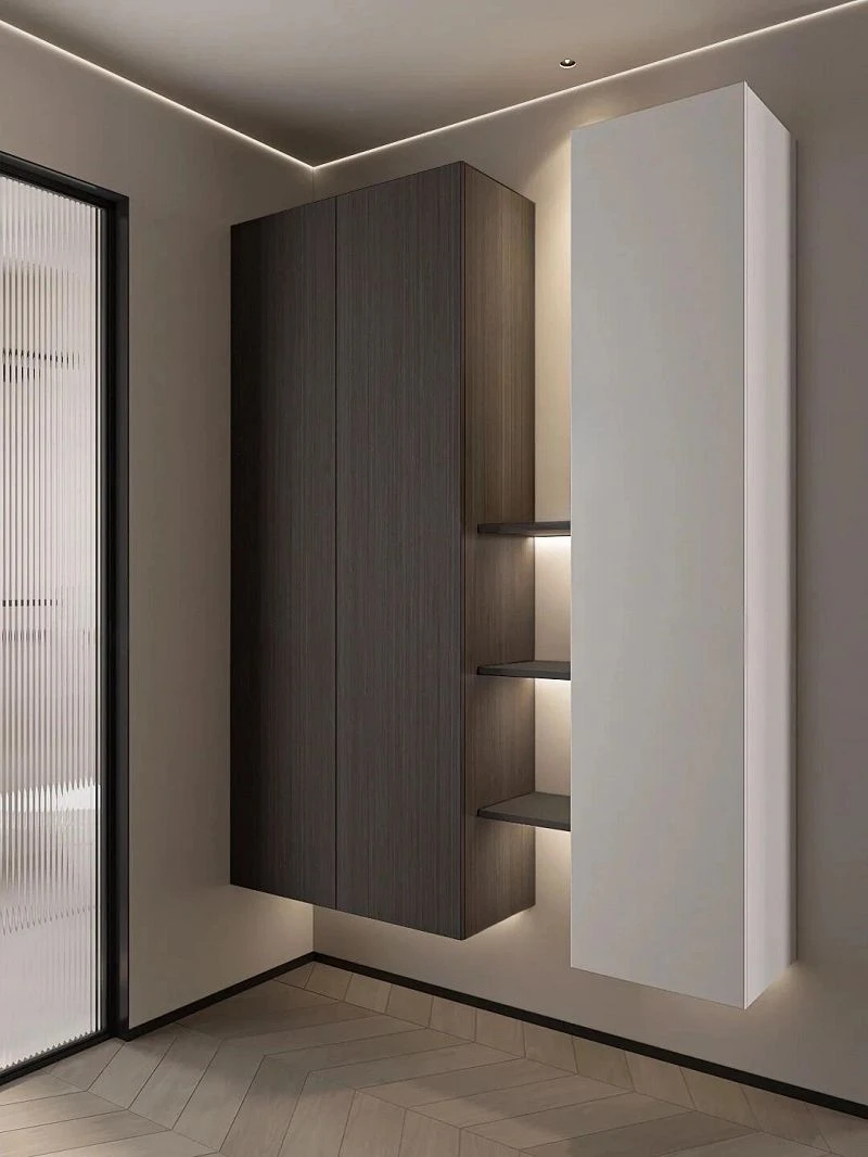Two-tone wood and white entry shoe cabinet001 Two-tone wood and white entry shoe cabinet001